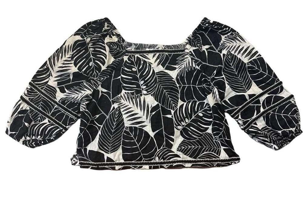 Cynthia Rowley Black and White Tropical Leaf Print 100% Linen Top Size Large